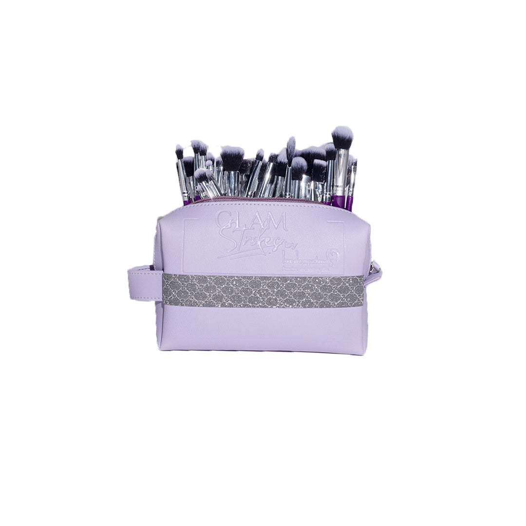 Glamstrokes 32 Pcs Budget friendly Brush Set (Lavender) with Rose Pink Makeup Glitter